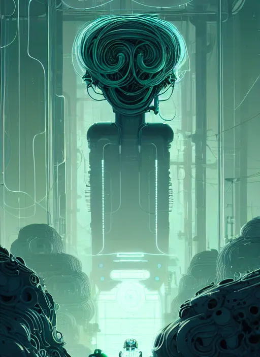 Image similar to highly detailed portrait of a biopunk long curly white hair tribal lady, stray wiring by atey ghailan, james gilleard, by joe fenton, by greg rutkowski, by greg tocchini, by kaethe butcher, 4 k resolution, gradient green, black and white color scheme!!! ( ( irradiated robotic mountain landscape background ) )