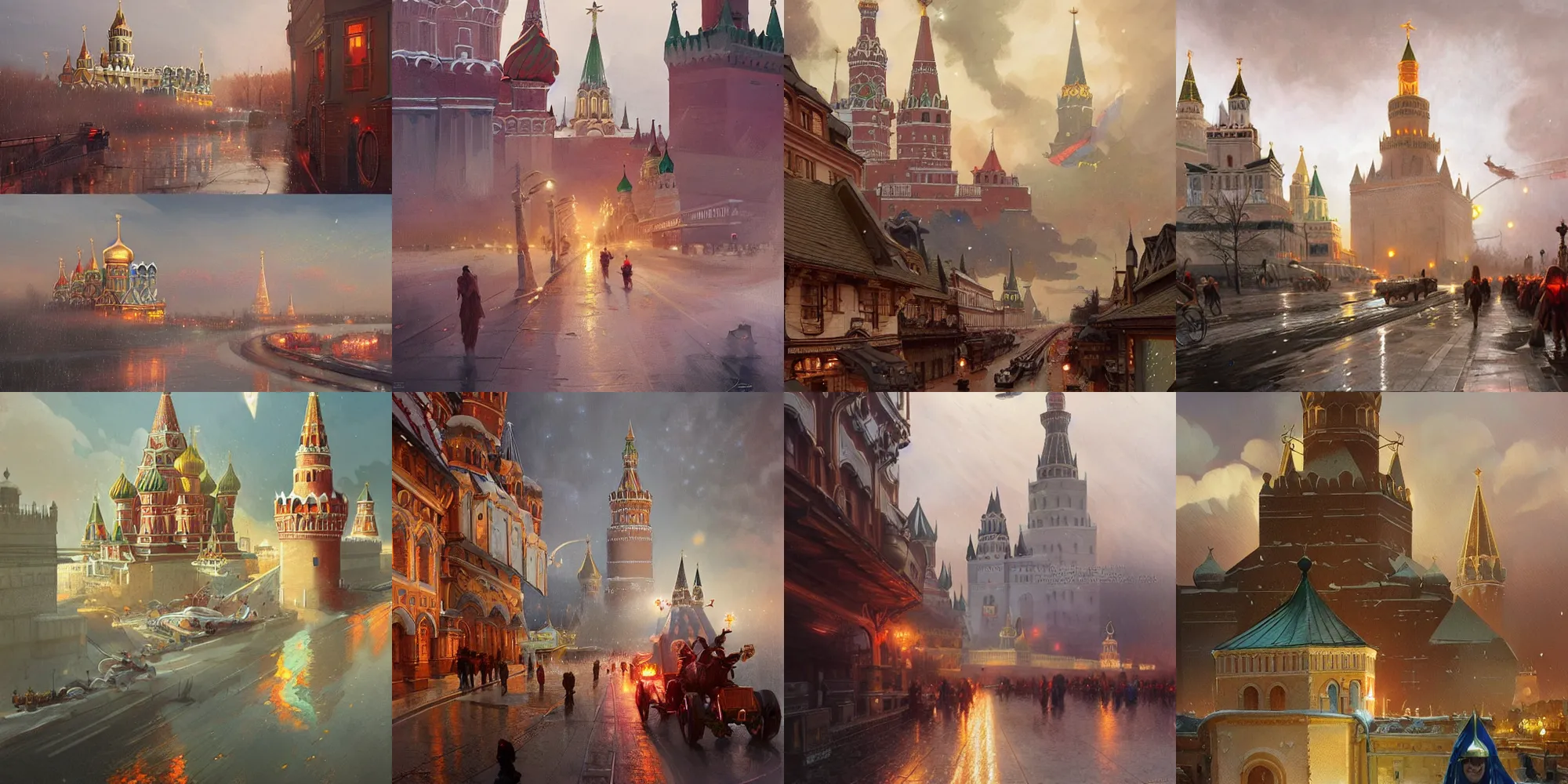 Prompt: Moscow, white Kremlin, retrofuturism Wooden houses, enthusiastic crowd, red flags holiday, airships in the sky, light rain, highly detailed, digital painting, artstation, concept art, illustration, art by Artgerm and greg rutkowski and alphonse mucha