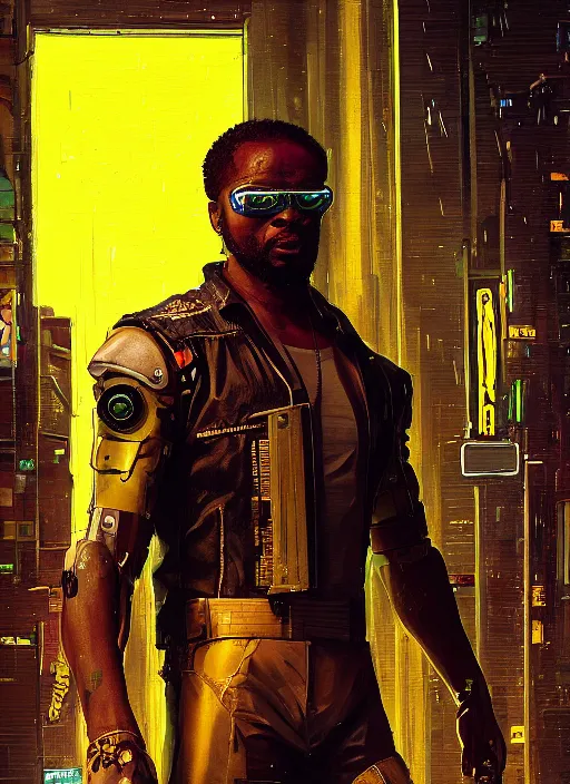 Prompt: Chidi Igwe. Buff Cyberpunk policeman with robotic legs and plastic raincoat. Patrolling rainy city streets. (Cyberpunk 2077, bladerunner 2049). handsome face. Iranian orientalist portrait by john william waterhouse and Edwin Longsden Long and Theodore Ralli and Nasreddine Dinet, oil on canvas. Cinematic, vivid colors, hyper realism, realistic proportions, dramatic lighting, high detail 4k