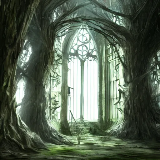 Prompt: a beautiful giant tree growing in the middle of an ancient Victorian library indoors. a door is embedded in the tree. darksouls concept art