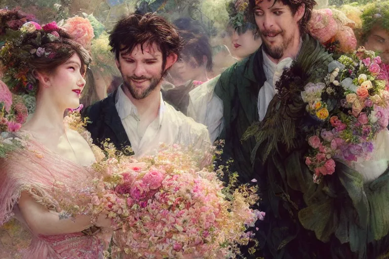 Image similar to the groom look at the bride at a wedding full of flowers, bright and happy, dreamlike art, highly detail, 4 k realistic, wedding photoy krenz cushart, artem demura, yoji shinkawa artgerm, jon lothian, danilo torres. adi meyers. thomas reimann. gaston bussiere.