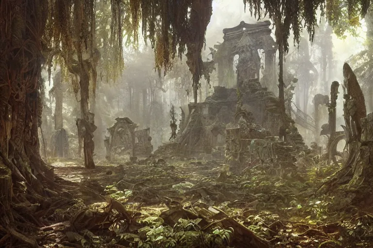 Prompt: painting of sacred ancient cursed ruins, forest, concept art, intricate details, eerie, highly detailed, photorealistic, octane render, 8 k, unreal engine. art by artgerm and greg rutkowski and alphonse mucha