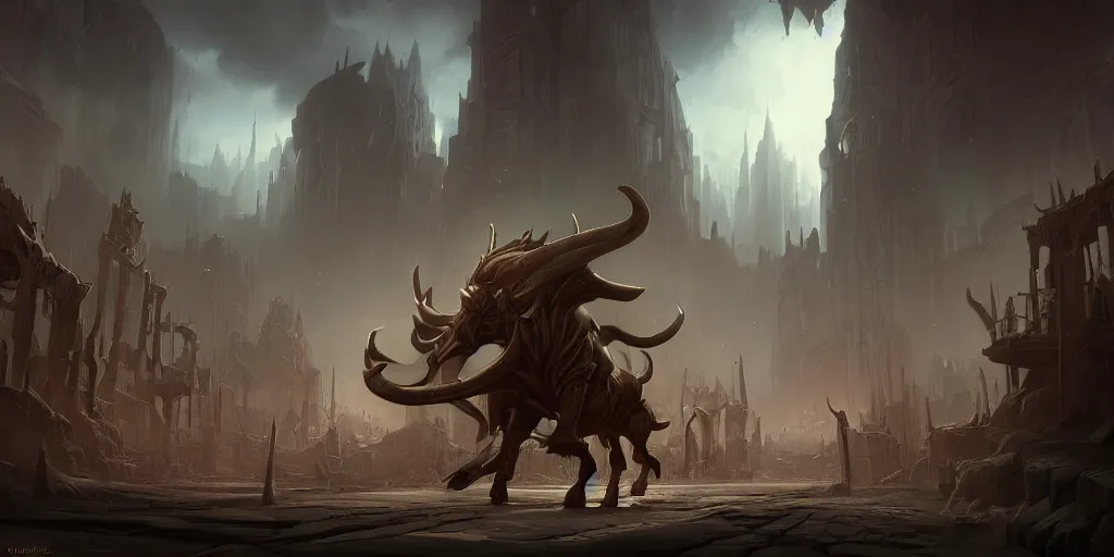 Image similar to The Minotaur End-boss by Tyler Edlin and Raphael Lacoste, fantasy art, maze corridors in the background, wide angle, cinematic composition, dark moody lighting