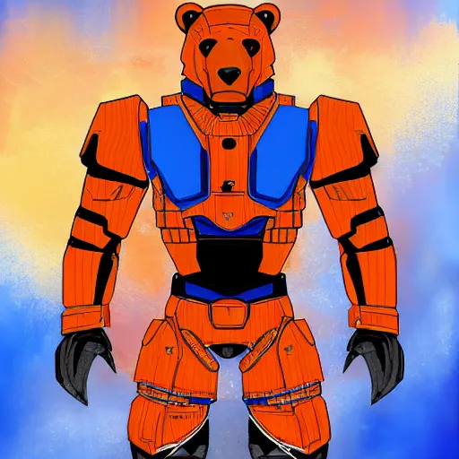 Prompt: A bear in orange and blue cyber armor facing you