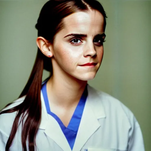 Image similar to emma watson, nurse scrubs, hospital, portrait, ponytail, mouth open, rolling eyes, head and shoulders, award winning, kodak ektachrome expired blue tint,