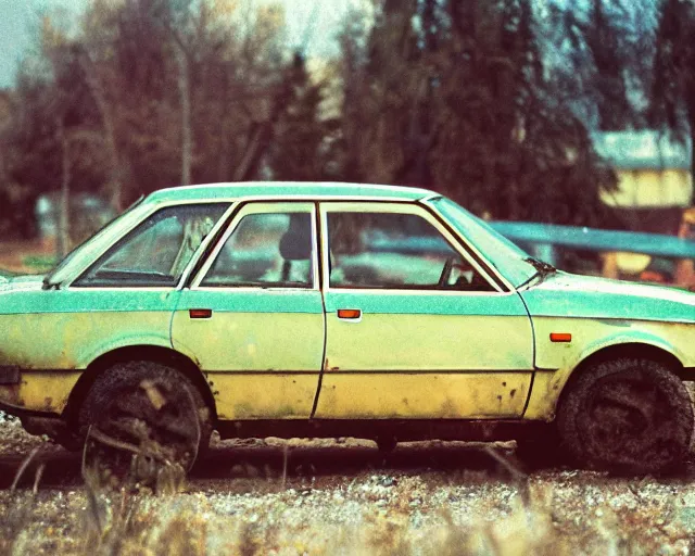 Image similar to a lomographic photo of old lada 2 1 0 7 standing in typical soviet yard in small town, hrushevka on background, cinestill, bokeh