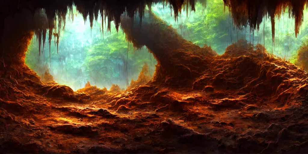 Image similar to a rusted cave mouth in the jungle, retrofutistic matte oil painting, science fantasy, chrome, salt, rpg, epic, extremely detailed, sharp focus, 4 k