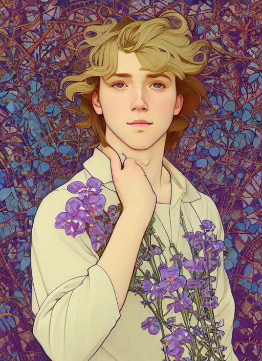 Image similar to pretty young man with shoulder length blond hair, male, half body shot, flower pattern background, path traced, highly detailed, high quality, digital painting, by studio ghibli and alphonse mucha, leesha hannigan, hidari, art nouveau, chiho aoshima, jules bastien - lepage