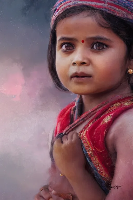 Image similar to hindu little girl, joyful, close - up portrait, intricate, elegant, volumetric lighting, scenery, digital painting, highly detailed, artstation, sharp focus, illustration, concept art, ruan jia, steve mccurry