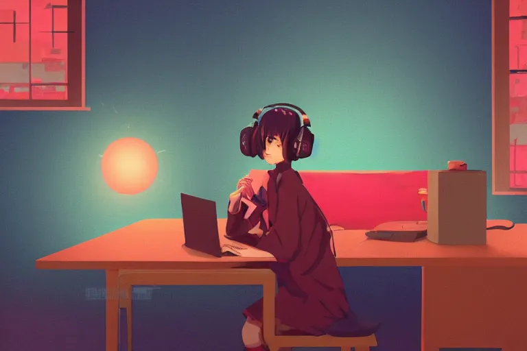 Image similar to lo - fi anime girl, wearing a blue cardigan and red aesthetic lo - fi headphones, studying in a brightly lit room, a lamp hovers above as it illuminates the room, illustrated by juan pablo machado, nighttime!!!!!!, cgsociety contest winner, artstation, golden ratio, dim lighting, studio ghibli!!!, 4 k