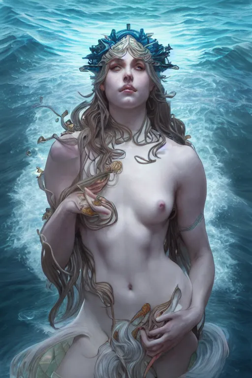 Prompt: goddess of the ocean, accurate anatomy, only two hands, highly detailed, digital painting, artstation, concept art, smooth, sharp focus, illustration, Unreal Engine 5, 8K, art by Ross Tran and greg rutkowski and alphonse Mucha and michelangelo