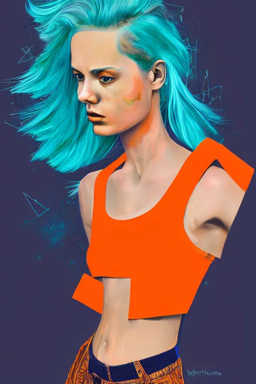 Image similar to a award winning half body portrait of a beautiful caucasian woman in a croptop and cargo pants with ombre orange blue teal hairstyle with head in motion and hair flying by martine johanna and will eisner, outrun, vaporware, digital art, trending on artstation, highly detailed, fine detail, intricate