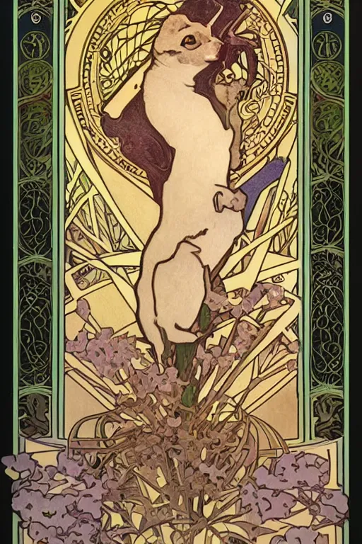 Prompt: Tarot card illustration of The Stoat, illustration by Alphonse Mucha, art nouveau style, elaborate details, 4k