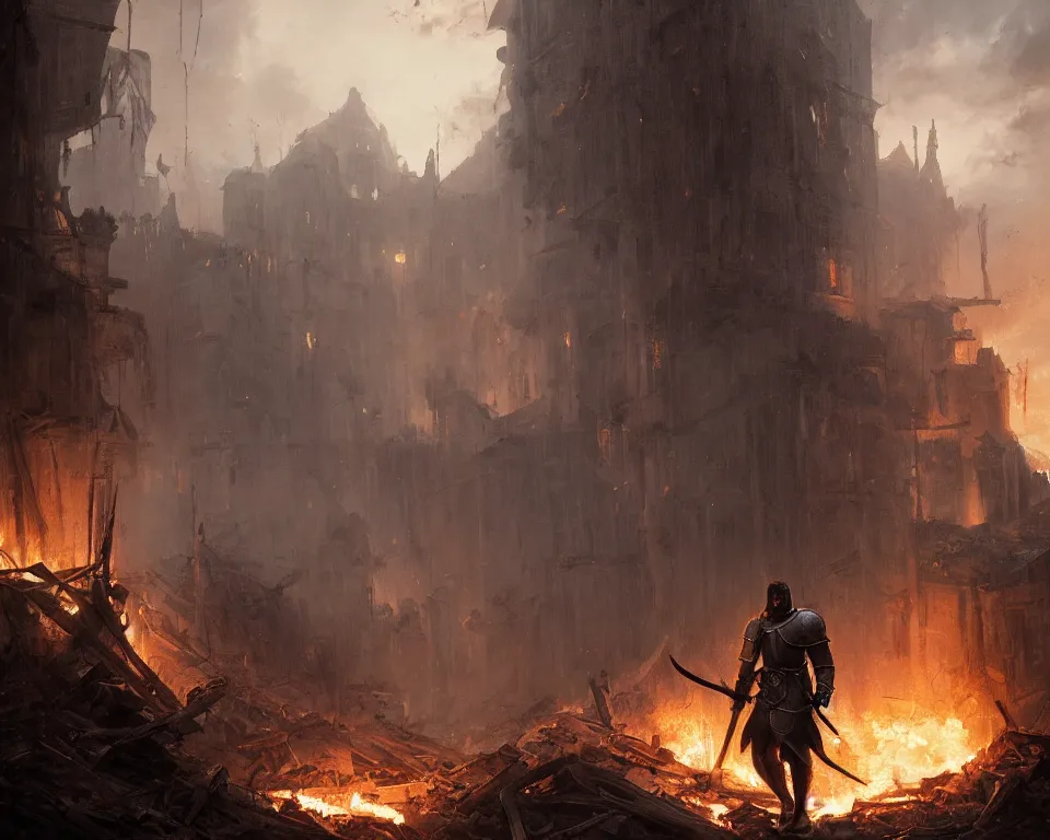 Prompt: a painting of a cinematic keyframe of a medieval knight warrior with his sword walking into a destroyed medieval town, with fire by greg rutkowski, rule of thirds, golden ratio, ambient lighting, wlop, artgerm, artstation, highly detailed masterpiece, dark fantasy art, high detail, trending on artstation