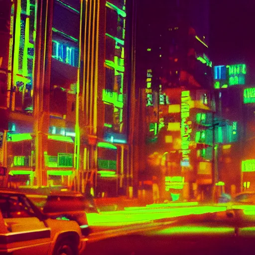 Prompt: 3 5 mm lens analog photography of a sci - fi cyberpunk city, light leak
