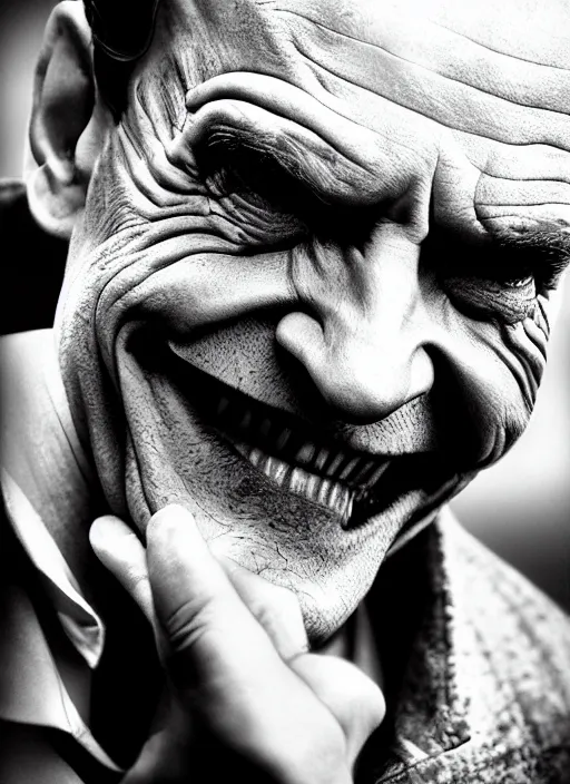 Prompt: photo of Bryan Cranston as the Joker by Lee Jeffries, detailed, award winning, Sony a7R, trending on artstation