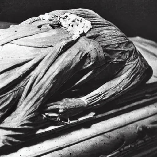 Image similar to beethoven's mummified corpse in a casket, close up shot.