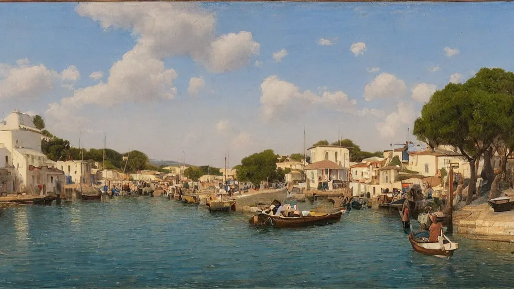 Image similar to a beautiful extremely complex painting of a mediterranean fishing village in summer by peter ilsted, whitewashed housed, tall cypress trees, blue shutters on windows, people walking down a street, fishing boats in the water, beautiful blue water, national gallery of art highlights