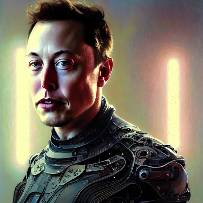 Prompt: portrait of Elon Musk organic cyborg, diffuse lighting, fantasy, intricate, elegant, highly detailed, lifelike, photorealistic, digital painting, artstation, illustration, concept art, smooth, sharp focus, art by John Collier and Albert Aublet and Krenz Cushart and Artem Demura and Alphonse Mucha