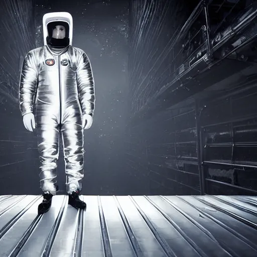 Image similar to mysterious man in silver space suit, walking on an industrial catwalk with stairs that lead nowhere, floating in deep space with a black background, photograph, wide angle