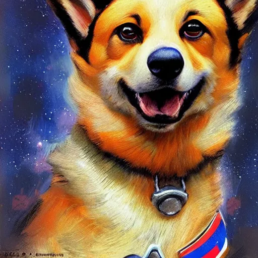 Prompt: a portrait of the soviet space dog program, artwork by gaston bussiere, craig mullins, trending on artstation, breed corgi and doodle mix