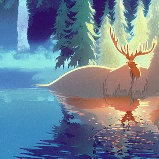 Prompt: a screenshot of the beautiful moose spirit from Studio Ghibli\'s \'Spirited Away\', immersed in nature