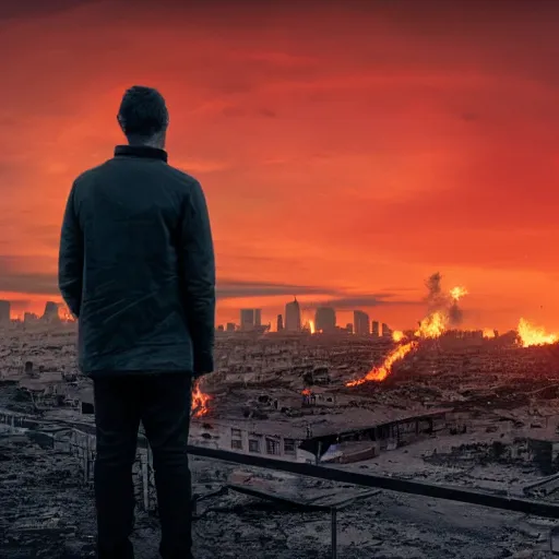 Image similar to man watching post apocalyptic city with burning red sky