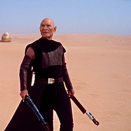 Prompt: patrick stewart as luke skywalker on tatooine