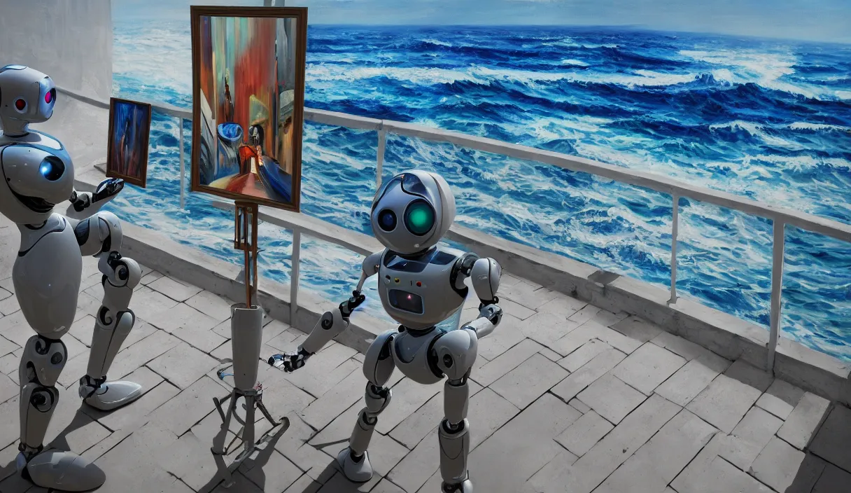 Image similar to an high resolution photo of a robot paiting a picture on a terrace over the sea, hyper detailed, photography, realistic, art, 8 k, unreal engine, cinematic, shallow focus, f 2. 8 3 5 mm, kodak film, 3 5 mm film