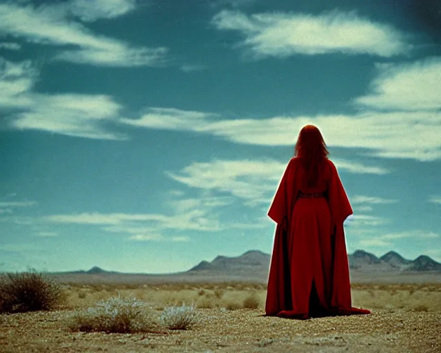 Prompt: by bruce davidson, by andrew boog faithfull redscale photography evocative. a mystical woman in scarlet robes, conical hot in front of a desert mesa.