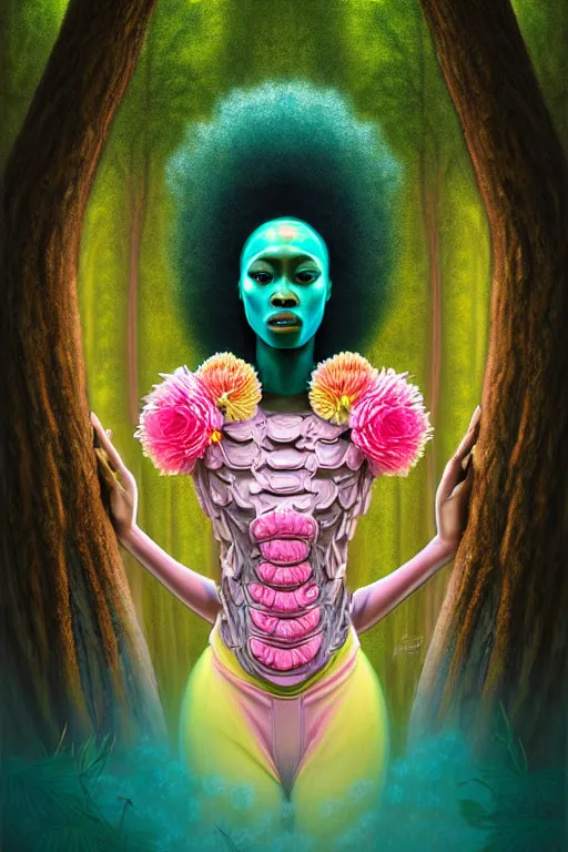 Image similar to illustration neo - rococo cinematic super expressive! yoruba goddess with exoskeleton armor, merging with tree in a forest, pink yellow flowers, highly detailed digital art masterpiece, smooth etienne sandorfi eric zener dramatic pearlescent soft teal light, ground angle hd 8 k, sharp focus