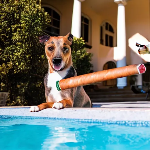 Image similar to a very detailed photo of a dog smoking a cigar outside the mansion by the pool