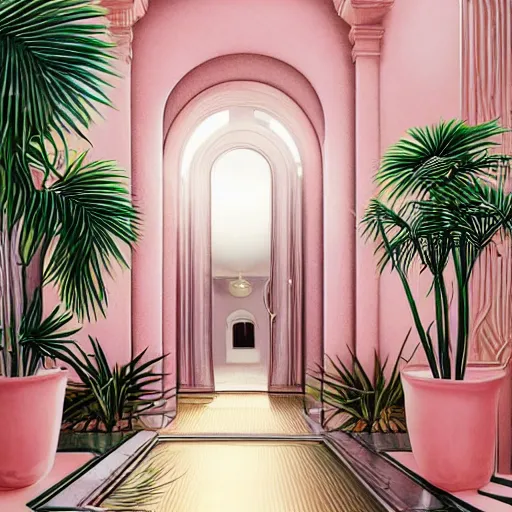 Image similar to indoor liminal space, golden light, palm trees, pink door, minimalistic, hyperrealistic surrealism, award winning masterpiece with incredible details, epic stunning, infinity pool mirrors, a surreal vaporwave liminal space with mirrors, highly detailed, trending on artstation, artgerm and greg rutkowski and alphonse mucha, daily deviation