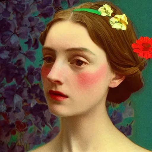 Image similar to a lot of flowers morphing in a beautiful girls face, film still by wes anderson, depicted by velazquez, limited color palette, very intricate, art nouveau, highly detailed, lights by hopper, soft pastel colors, minimalist