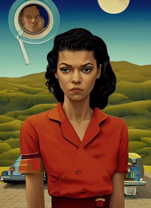 Prompt: poster artwork by Michael Whelan, Bob Larkin and Tomer Hanuka, Karol Bak of Zendaya is a high school student working at the diner wearing waitress dress, from scene from Twin Peaks, simple illustration, domestic, nostalgic, from scene from Twin Peaks, clean