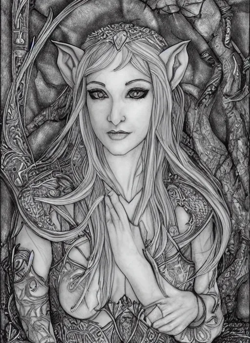 Image similar to portrait of a beautiful female elf, upper body, fantasy, intricate, elegant, highly detailed