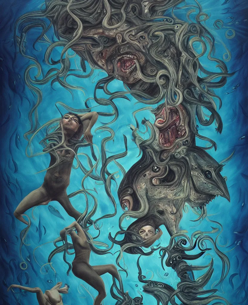 Image similar to wild emotional creatures repressed in the deep sea of unconscious of the psyche, about to rip through and escape in a revolution, painted by ronny khalil