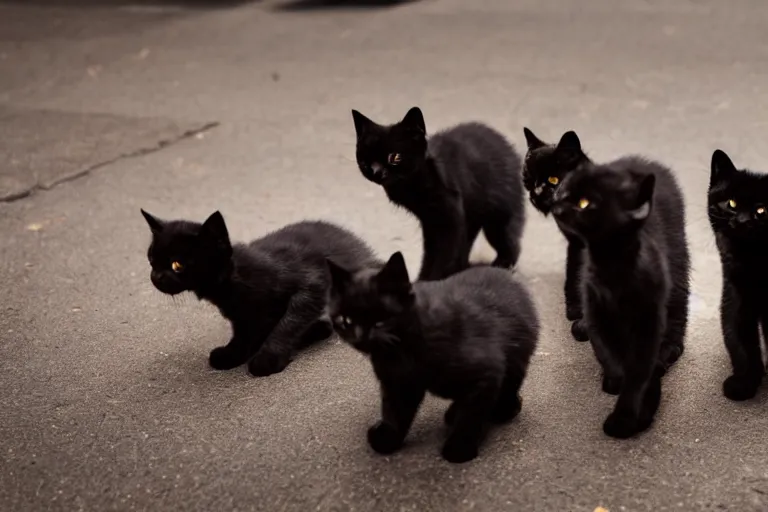 Image similar to a bunch of black kittens with beautiful glowing orange eyes, in the city having a great time, award winning photo, 4k very sharp and detailed