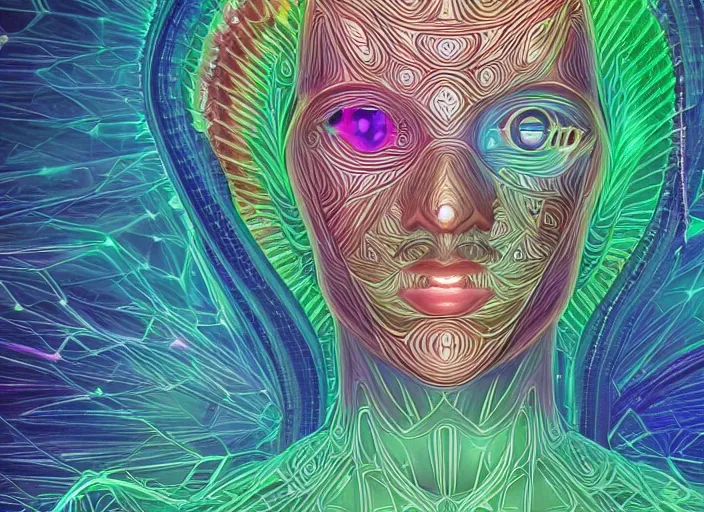 Image similar to ai transcendence into collaborative intelligence, connectedness, body, by alex grey, album cover, award winning, beautiful, colorful, volumetric lighting, trending on artstation