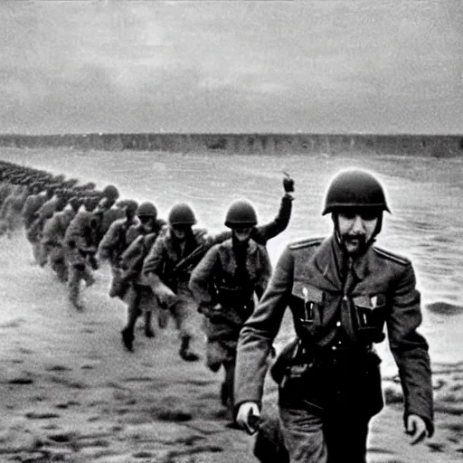 Image similar to Pewdiepie storming the beaches of Normandy, 1945, Colourized