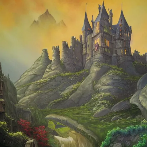 Image similar to A fantasy painting of a castle in a deep valley, lots of detail