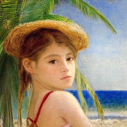 Image similar to a ultradetailed beautiful painting of a girl in the amazonas palace designed by jules bastien - lepage, hans belmer, frank weston and gustave baumann, beach, trending on artstation, mediterranean, palm trees, refracted color sparkles, sharp focus, soft light, 8 k 4 k