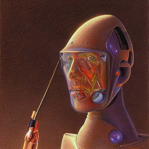 Prompt: robot artist artist painting a self portrait, color, by john howe