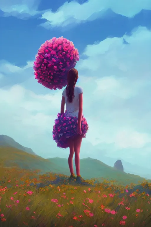 Prompt: closeup, giant flower head, girl standing on cliff, surreal photography, sunrise, blue sky, dramatic light, impressionist painting, digital painting, artstation, simon stalenhag