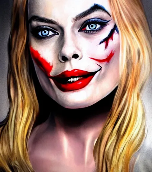 Image similar to margot robbie portrait with joker makeup, pencil drawing, realistic face, beautiful eyes, smiling, hyper realistic, highly detailed