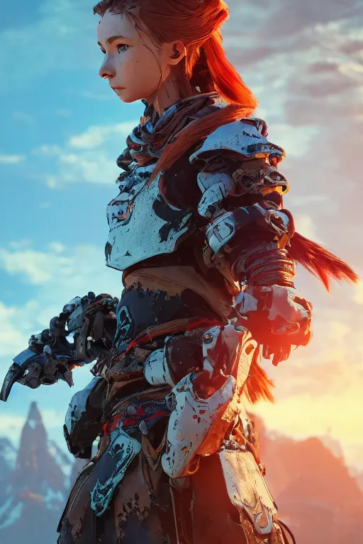 Image similar to combination suit armor aloy horizon forbidden west horizon zero dawn robot ninja mask helmet backpack tribal, aesthetic octane render, 8 k hd resolution, by ilya kuvshinov and cushart krentz and gilleard james radiating a glowing aura cgi rtx 2 0 2 2