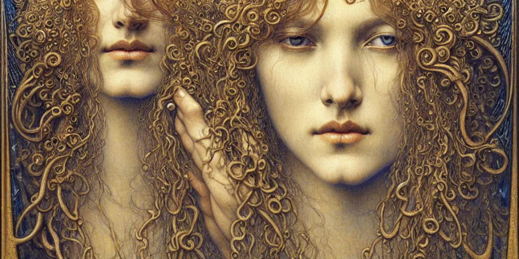 Image similar to detailed realistic beautiful young medieval queen face portrait by jean delville, gustave dore and marco mazzoni, art nouveau, symbolist, visionary, gothic, pre - raphaelite. horizontal symmetry