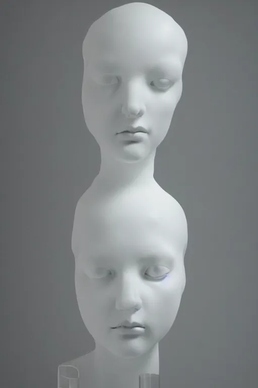 Image similar to full head and shoulders, beautiful female white, porcelain sculpture, with huge perspex bubbles attached to head, by daniel arsham and james jean, on a white background, delicate facial features, white eyes, white lashes