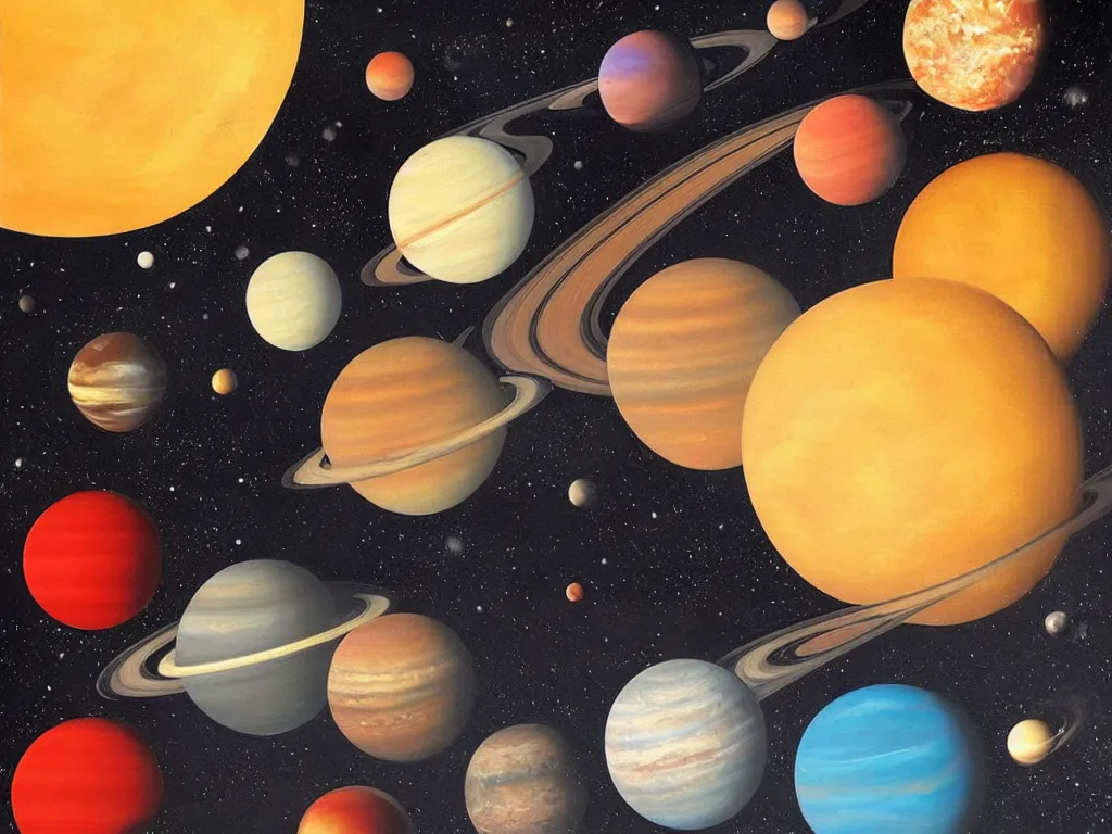 Image similar to A beautiful painting of five planets by Gioele Muscolino and, There are only five planets that are black, white, yellow, red, and blue, behind the galaxy and the universe, Trending on artstation, starry sky