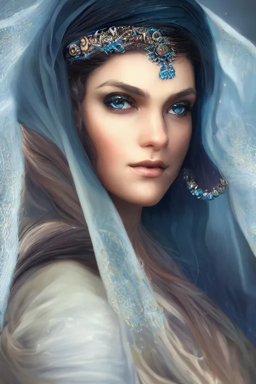 Image similar to A beautiful gorgeous female Arabian character portrait with wavy hair, blue eyes, transparent veil, cinematic lighting, hyper-detailed, cgsociety, 8k, high resolution, in the style of Charlie Bowater, Tom Bagshaw, Alexis Franklin, Elena Masci, Pawel Rebisz